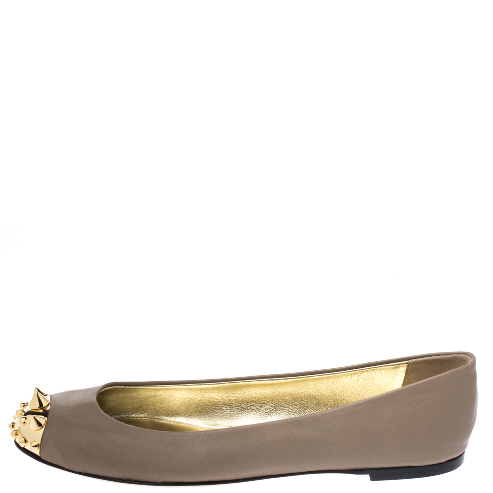 

Giuseppe Zanotti Beige Leather Malika Spiked Cap Toe Ballet Flats Size