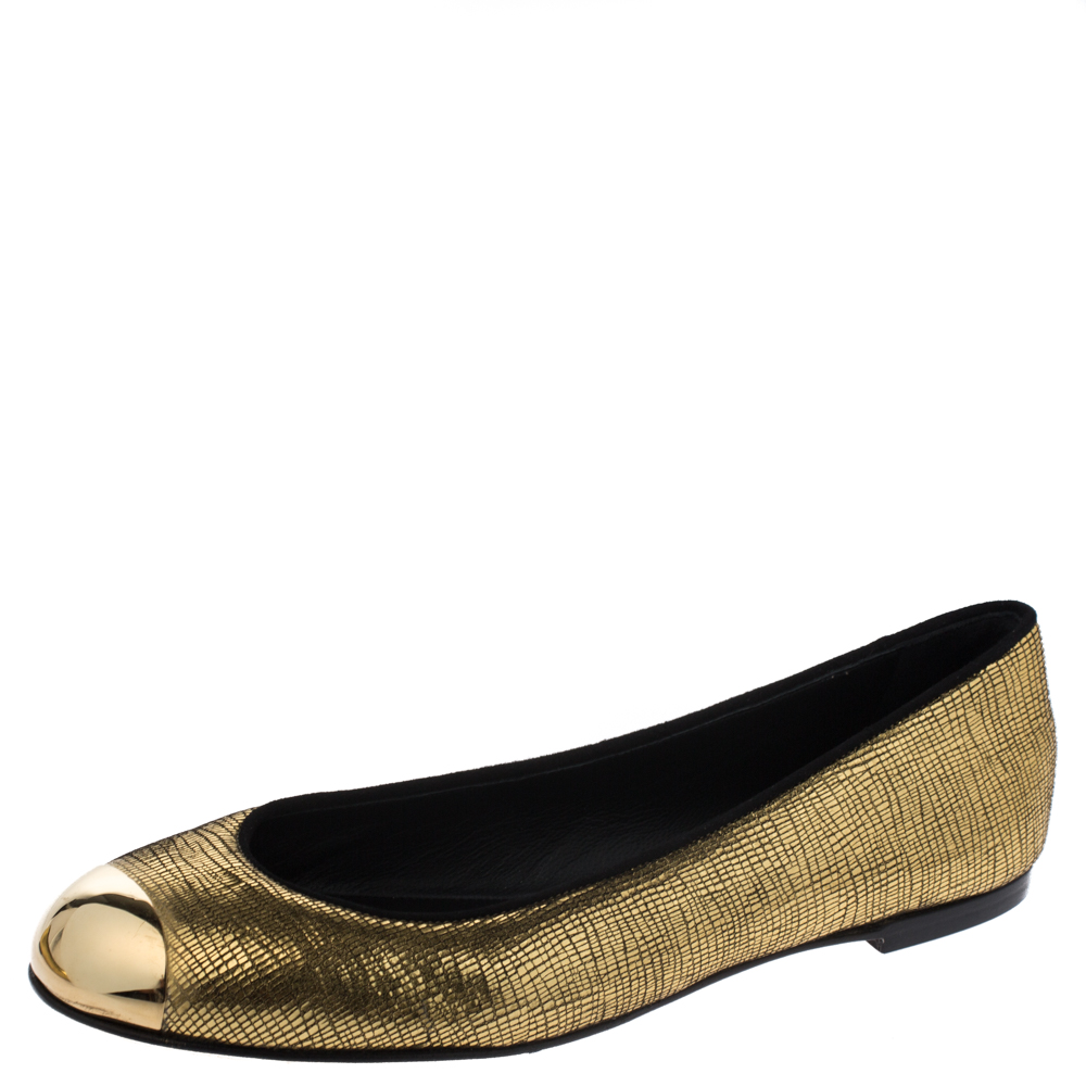Pre Owned Giuseppe Zanotti Gold Foil Leather Malika Cap Toe Ballet Flats Size 38
