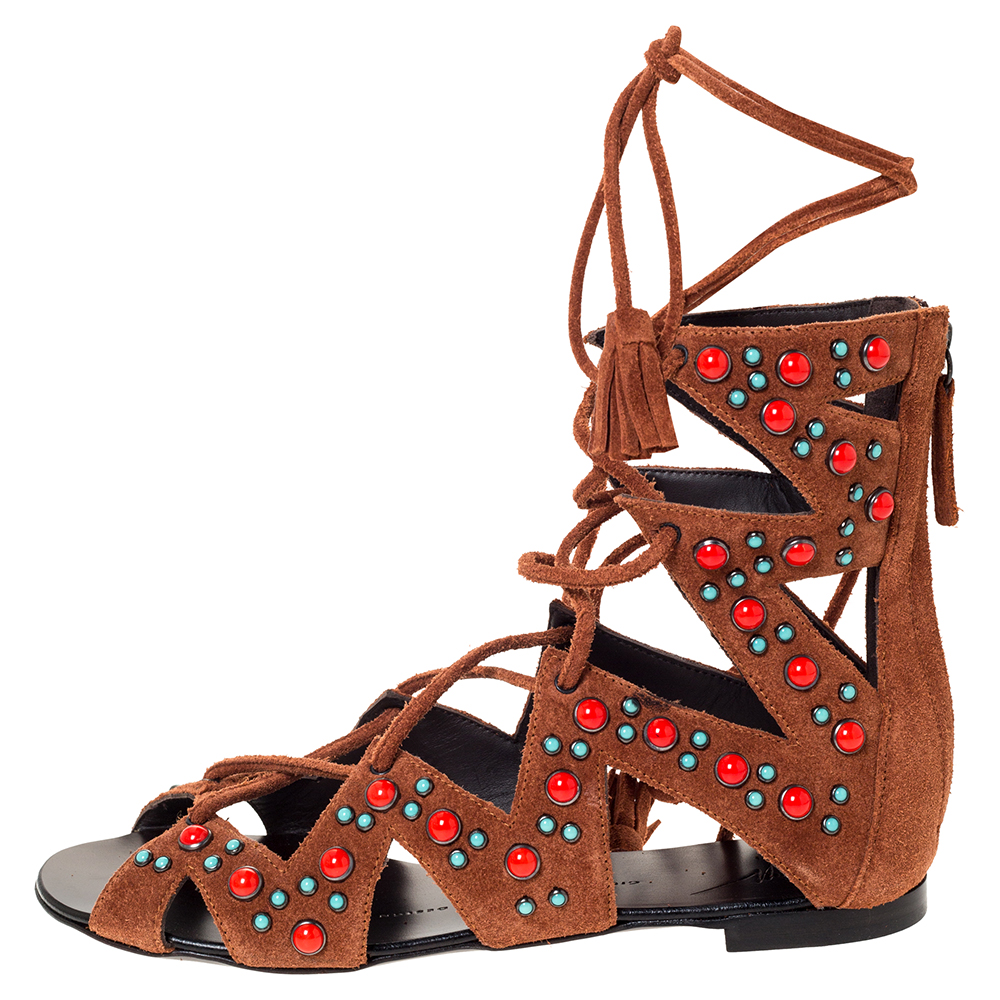 

Giuseppe Zanotti Brown Studded Suede Leather Gladiator Tassel Lace Flat Sandals Size