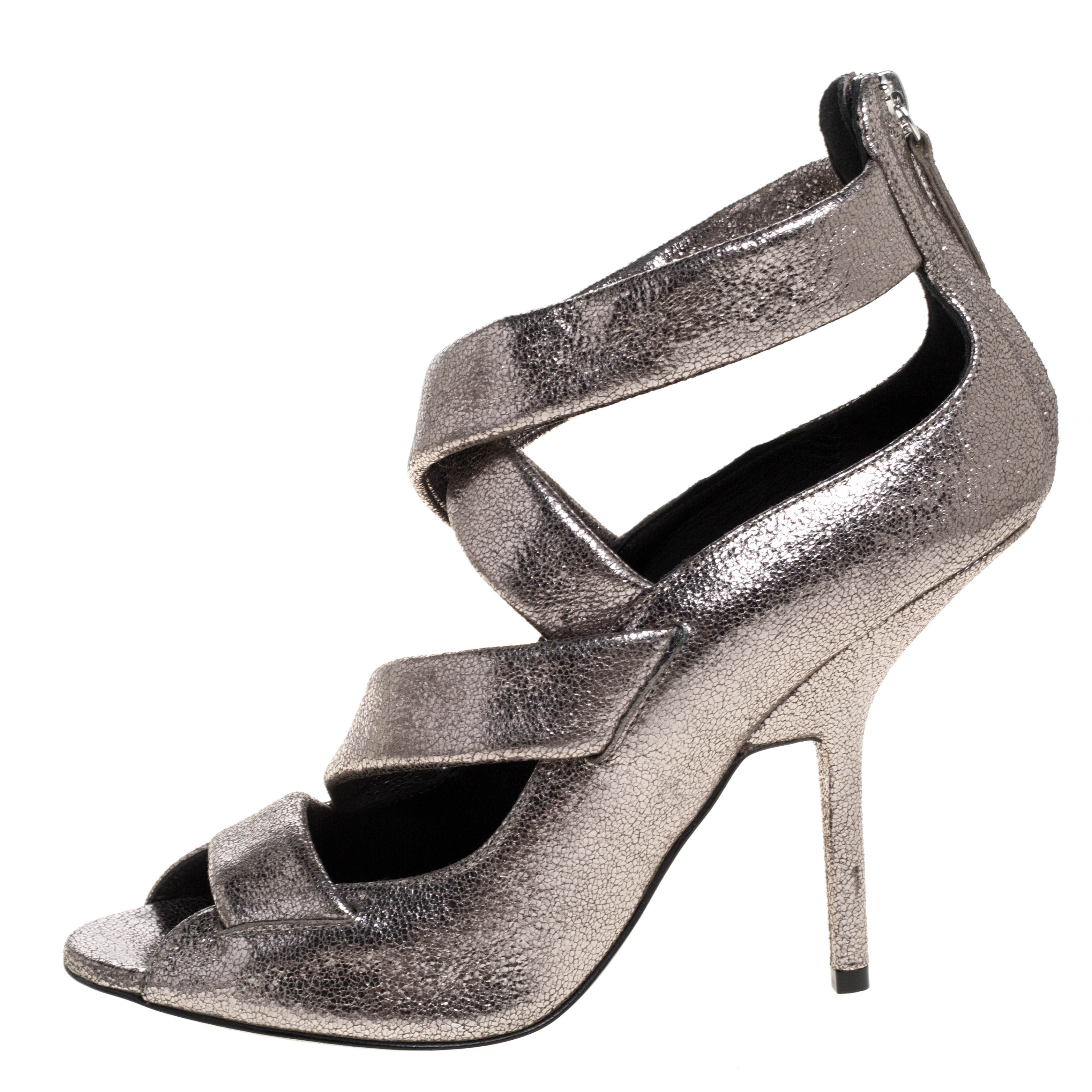 

Giuseppe Zanotti Metallic Silver Leather Criss Cross Sandals Size