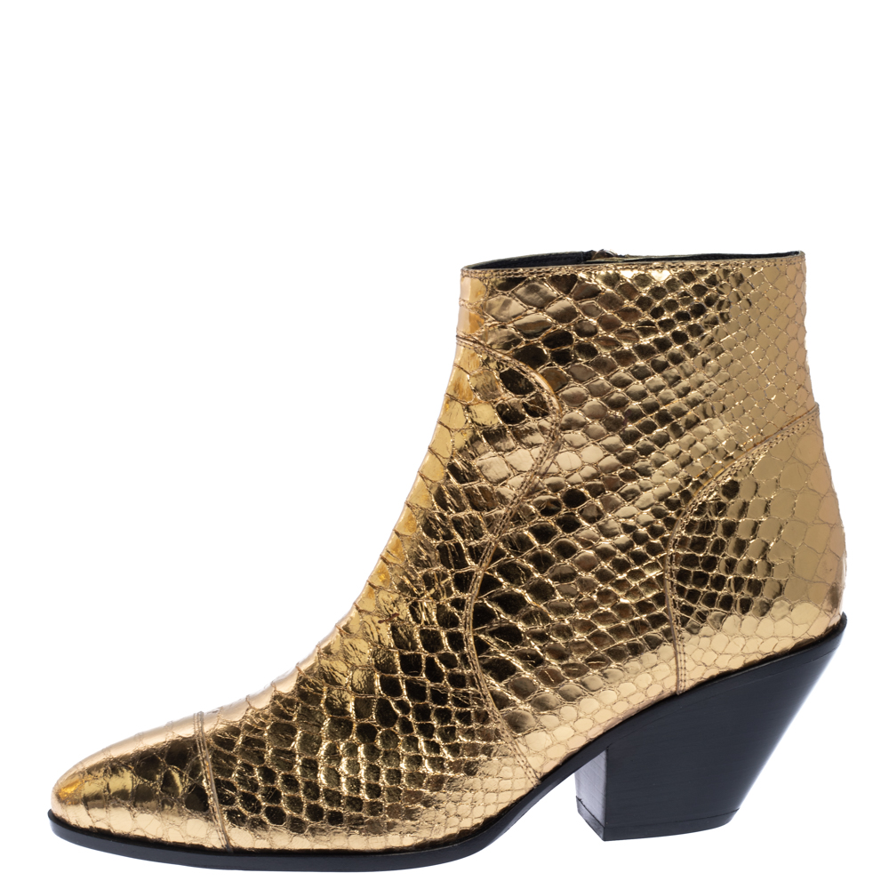 

Giuseppe Zanotti Metallic Gold Python Embossed Leather Ankle Boots Size