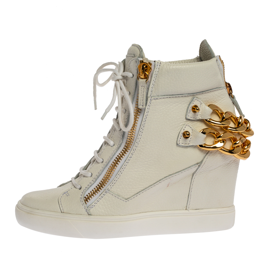 

Giuseppe Zanotti White Leather Chain Detail High Top Wedge Sneakers Size