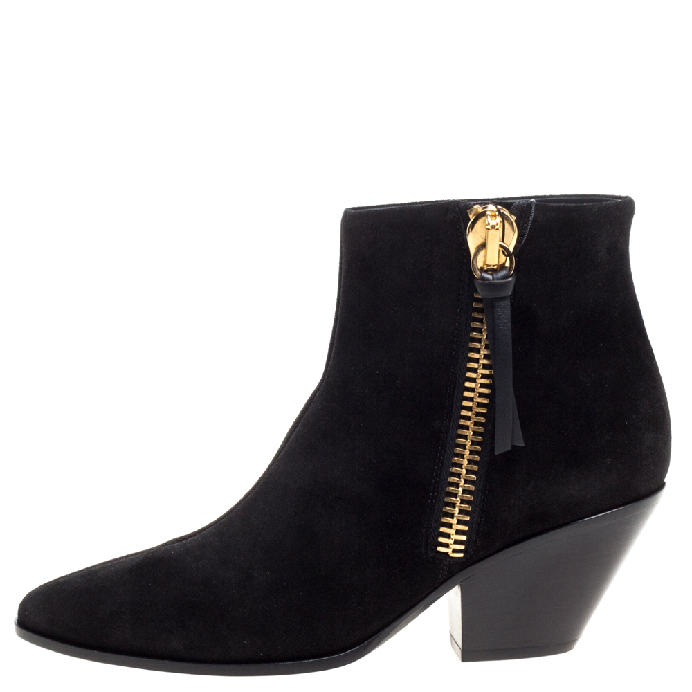 

Giuseppe Zanotti Black Suede Gold Zipper Ankle Boots Size