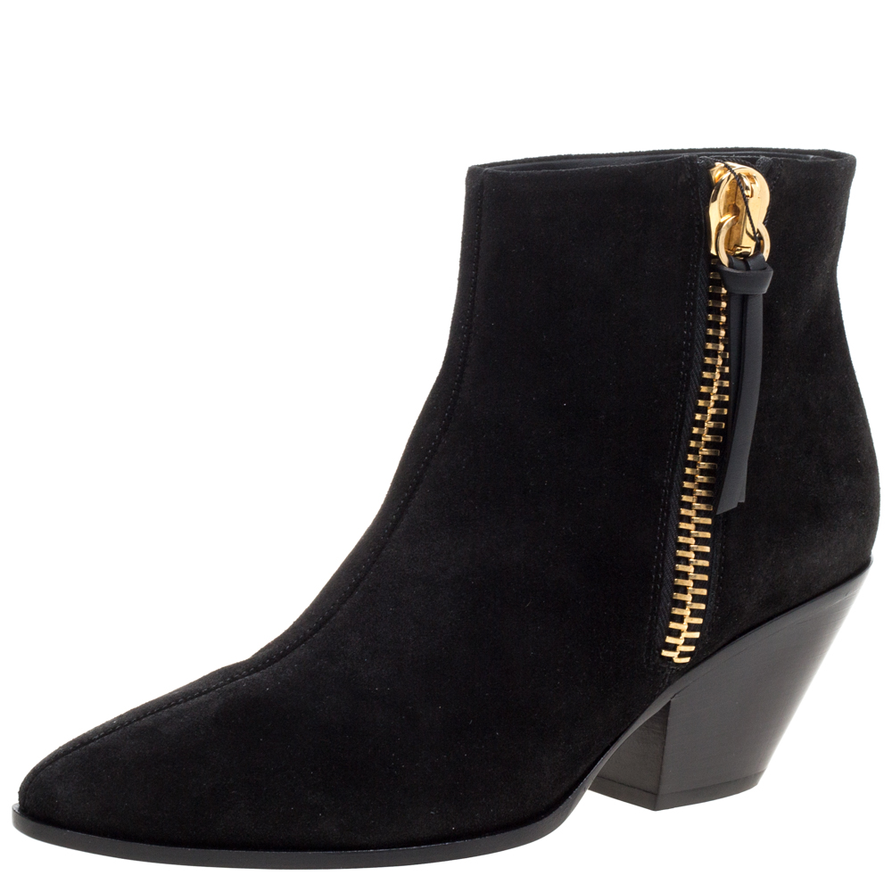 Pre-owned Giuseppe Zanotti Black Suede Gold Zipper Ankle Boots Size 37.5