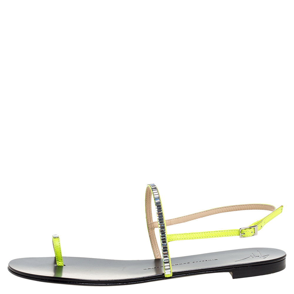 

Giuseppe Zanotti Green Leather Crystal Embellished Toe Ring Slingback Flat Sandals Size