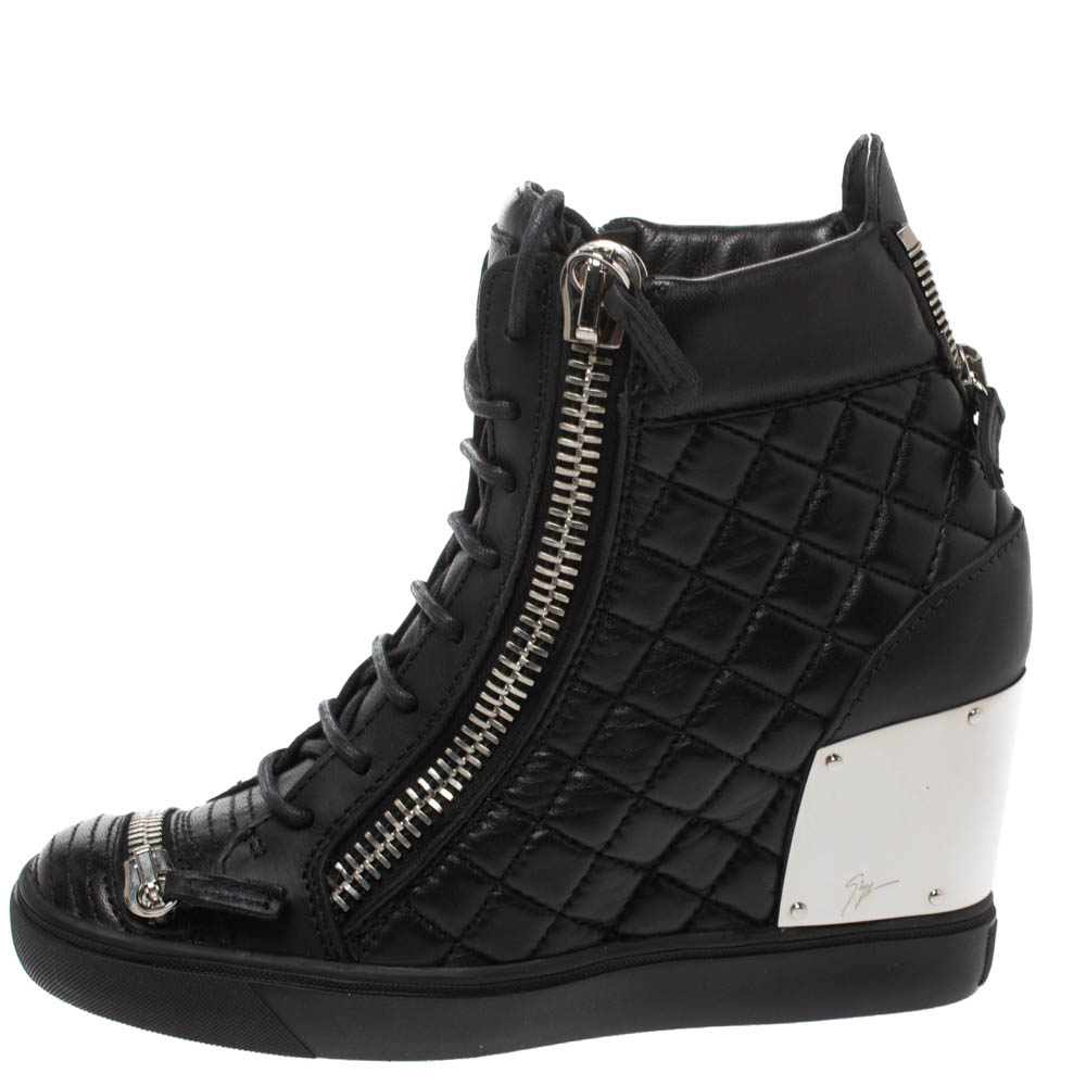 

Giuseppe Zanotti Black Quilted Leather Wedge Sneakers Size