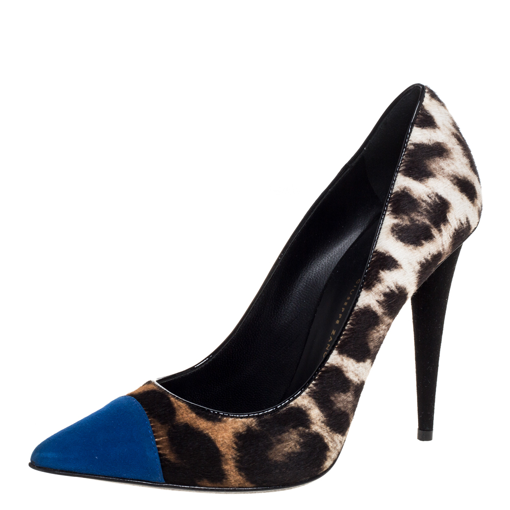 GIUSEPPE ZANOTTI MULTICOLOR LEOPARD PRINT PONYHAIR AND BLUE SUEDE POINTED TOE PUMPS SIZE 39