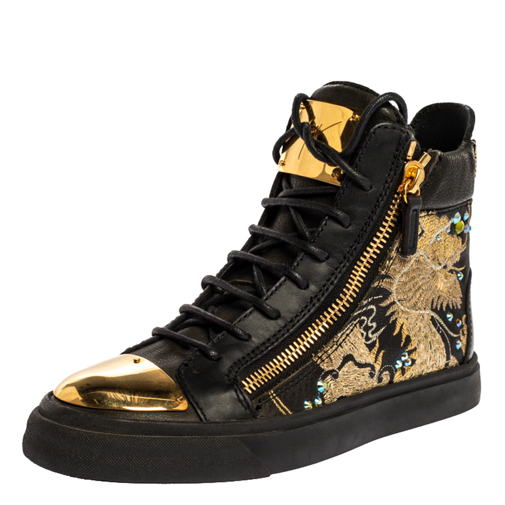 GIUSEPPE ZANOTTI BLACK DRAGON EMBROIDERED LEATHER DOUBLE ZIP HIGH TOP SNEAKERS SIZE 37