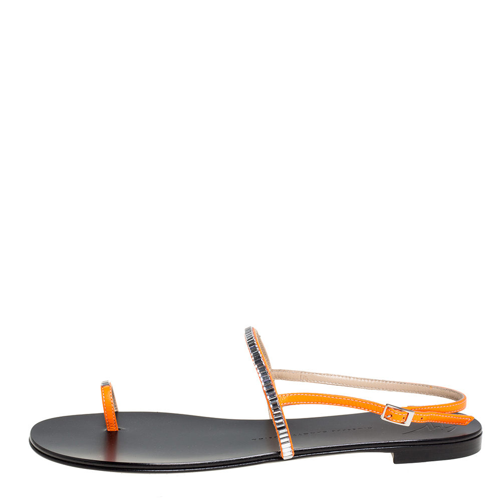 

Giuseppe Zanotti Orange Leather Strass Embellished Sling Strap Flat Sandals Size