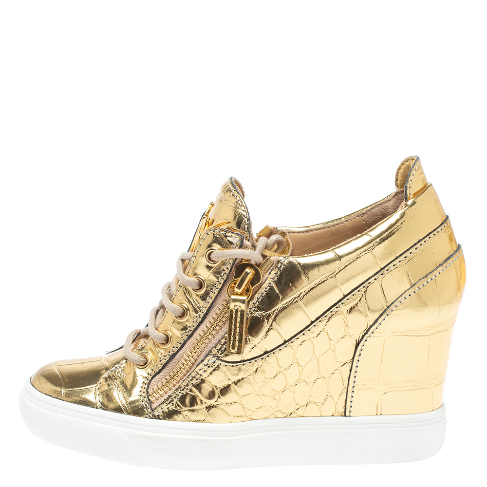 

Giuseppe Zanotti Gold Croc Embossed Leather Double Zip Wedge Sneakers Size