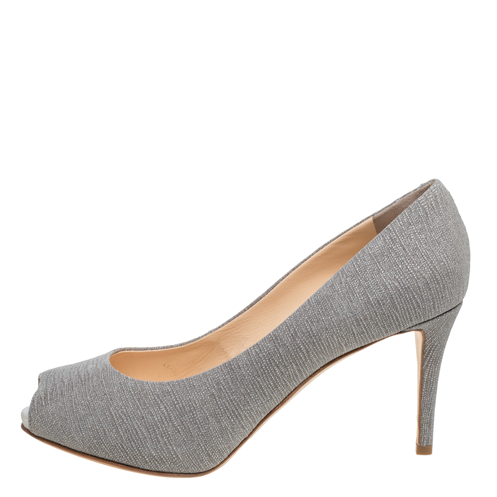 

Giuseppe Zanotti Grey Glitter Fabric Platform Peep Toe Pumps Size