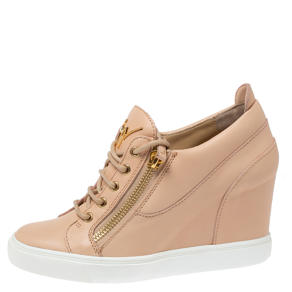 

Giuseppe Zanotti Beige Leather Low Top Wedge Sneakers Size