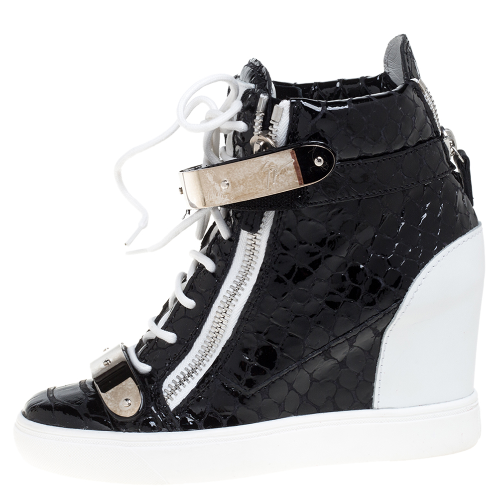 

Giuseppe Zanotti Black Python Embossed Patent Leather Lorenz Wedge High Top Sneakers Size