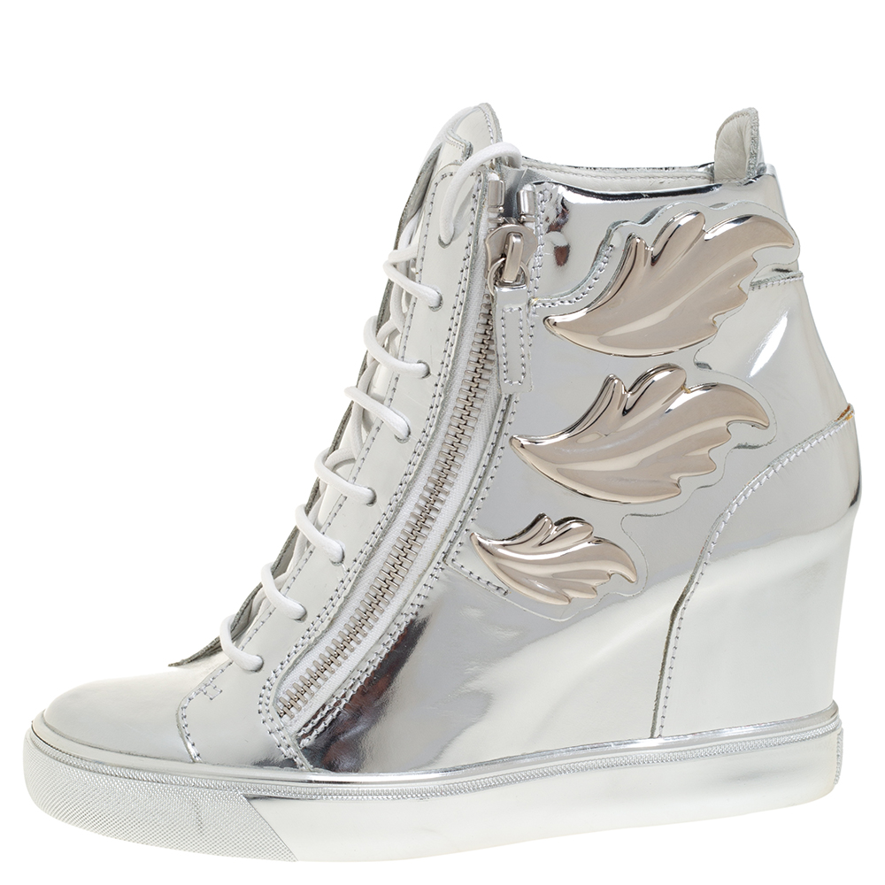 

Giuseppe Zanotti Silver Patent Leather Lorenz High Top Wedge Sneakers Size