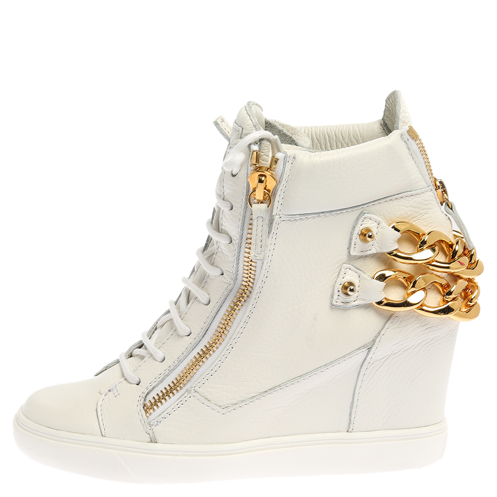 

Giuseppe Zanotti White Leather Chain Detail High Top Wedge Sneakers Size