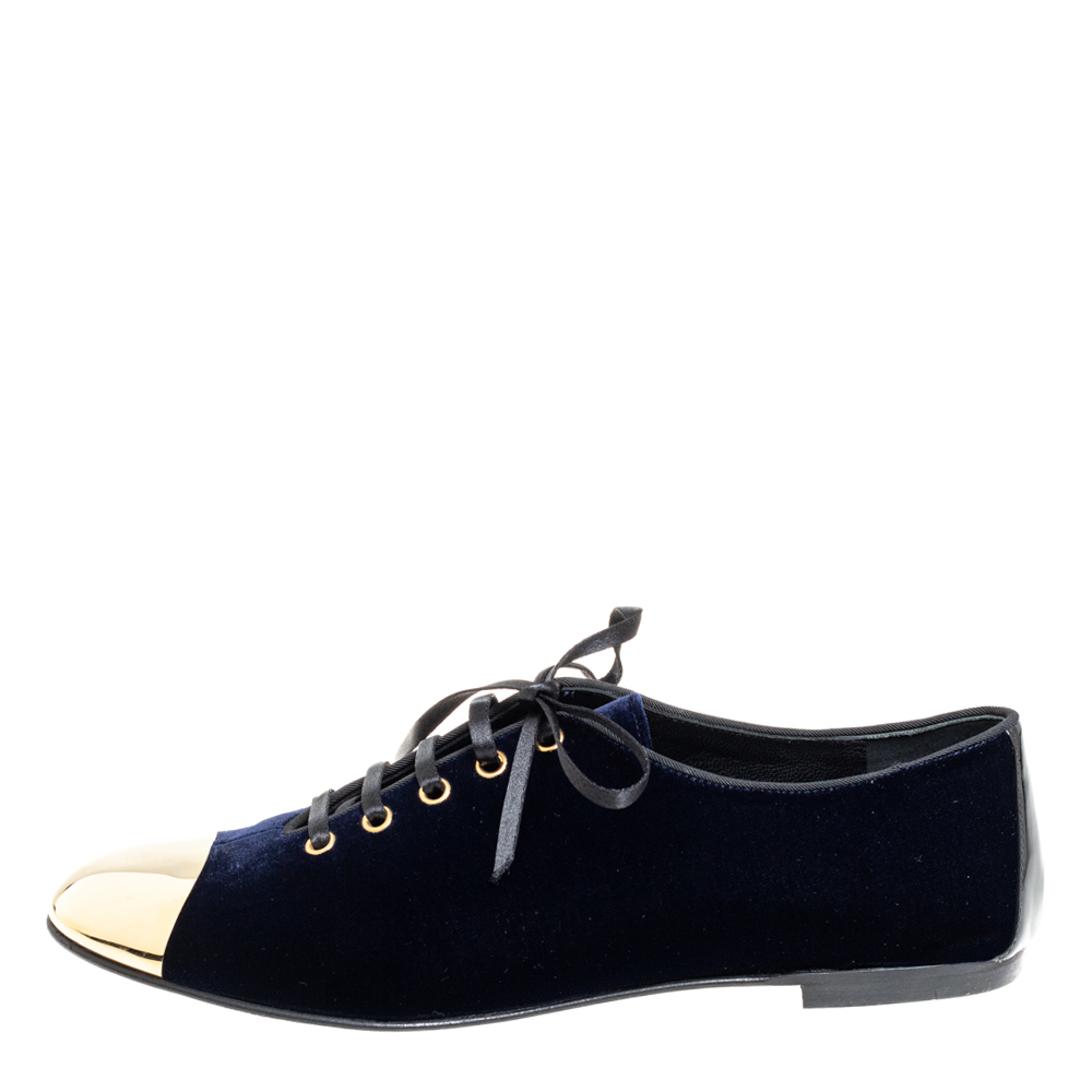 

Giuseppe Zanotti Blue Velvet Gold Tone Cap Toe Oxford Flats Size