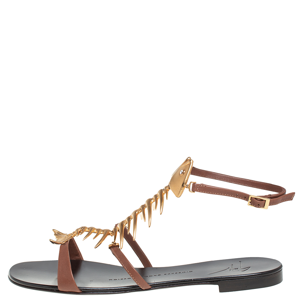 

Giuseppe Zanotti Brown Leather Fish Embellished Strap Flats Size