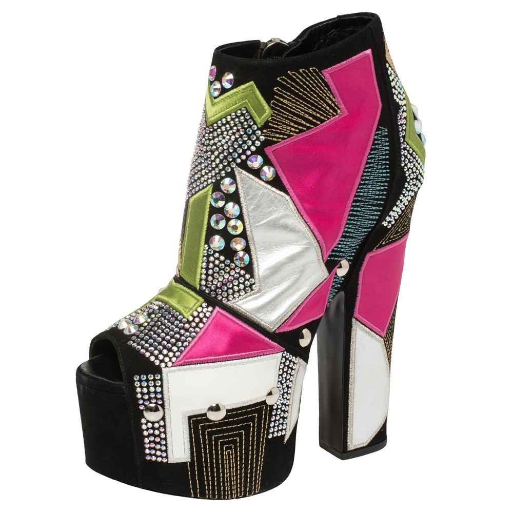 Pre-owned Giuseppe Zanotti Multicolor Suede And Leather Geometric Platform Ankle Booties Size 39