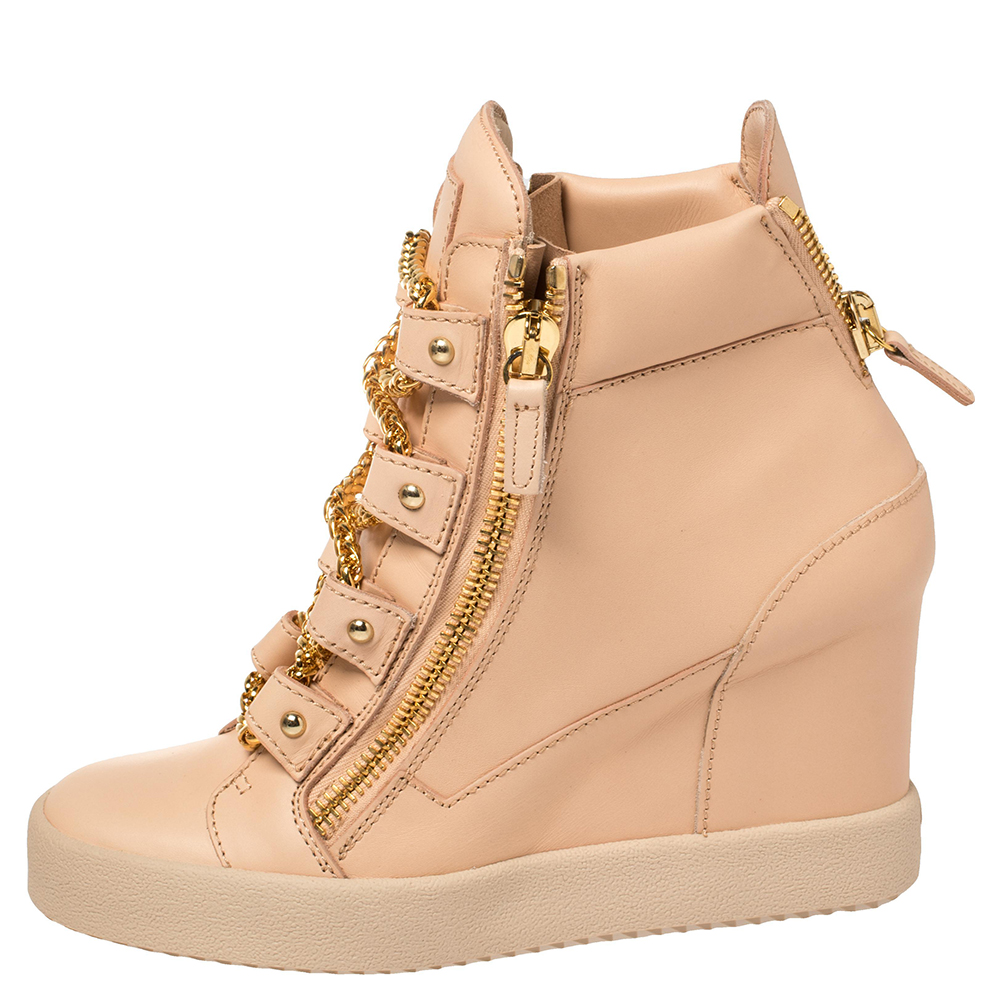 

Giuseppe Zanotti Beige Leather Chain Detail High Top Wedge Sneakers Size