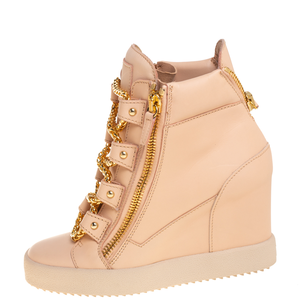 

Giuseppe Zanotti Beige Leather Chain Detail High Top Wedge Sneakers Size