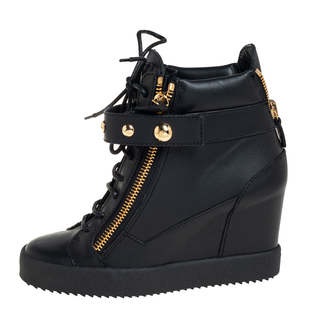 

Giuseppe Zanotti Black Leather Lorenz Wedge Sneakers Size