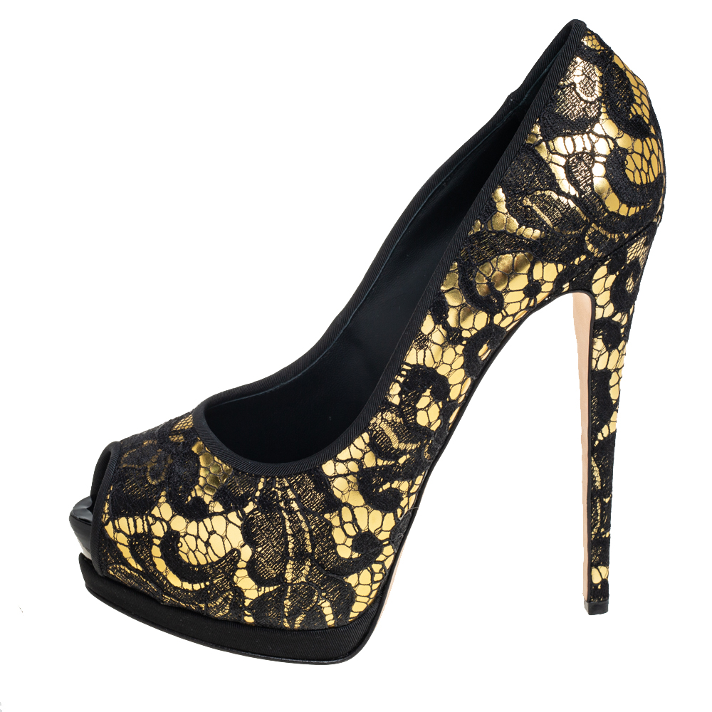 

Giuseppe Zanotti Black/Gold Leather and Lace Peep Toe Platform Pumps Size