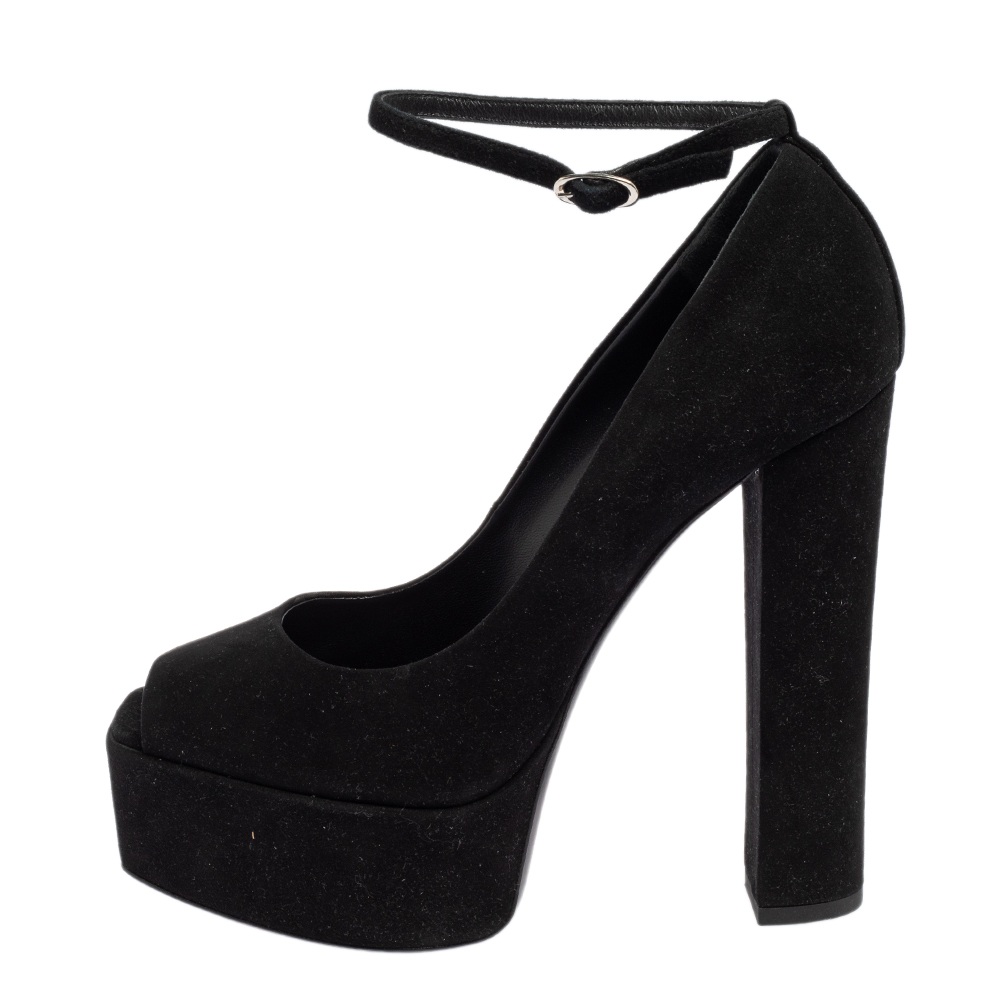 

Giuseppe Zanotti Black Suede Peep Toe Platform Ankle Strap Pumps Size