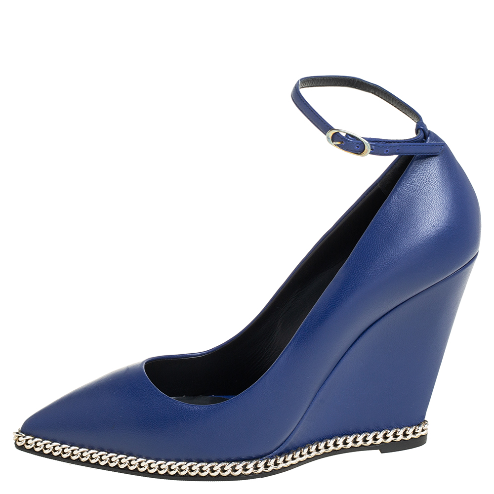 

Giuseppe Zanotti Blue Leather Chain Detail Wedge Ankle Strap Pumps Size