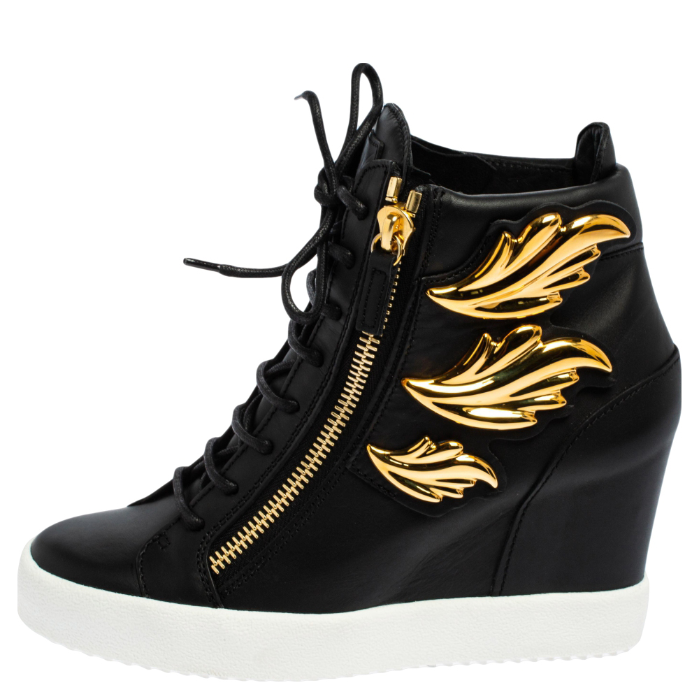 

Giuseppe Zanotti Black Leather Golden Wings High Top Sneakers Size