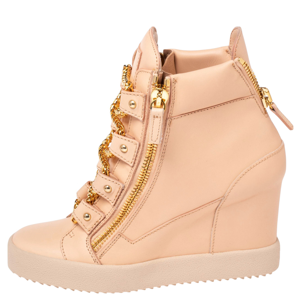 

Giuseppe Zanotti Beige Leather Chain Detail High Top Sneakers Size