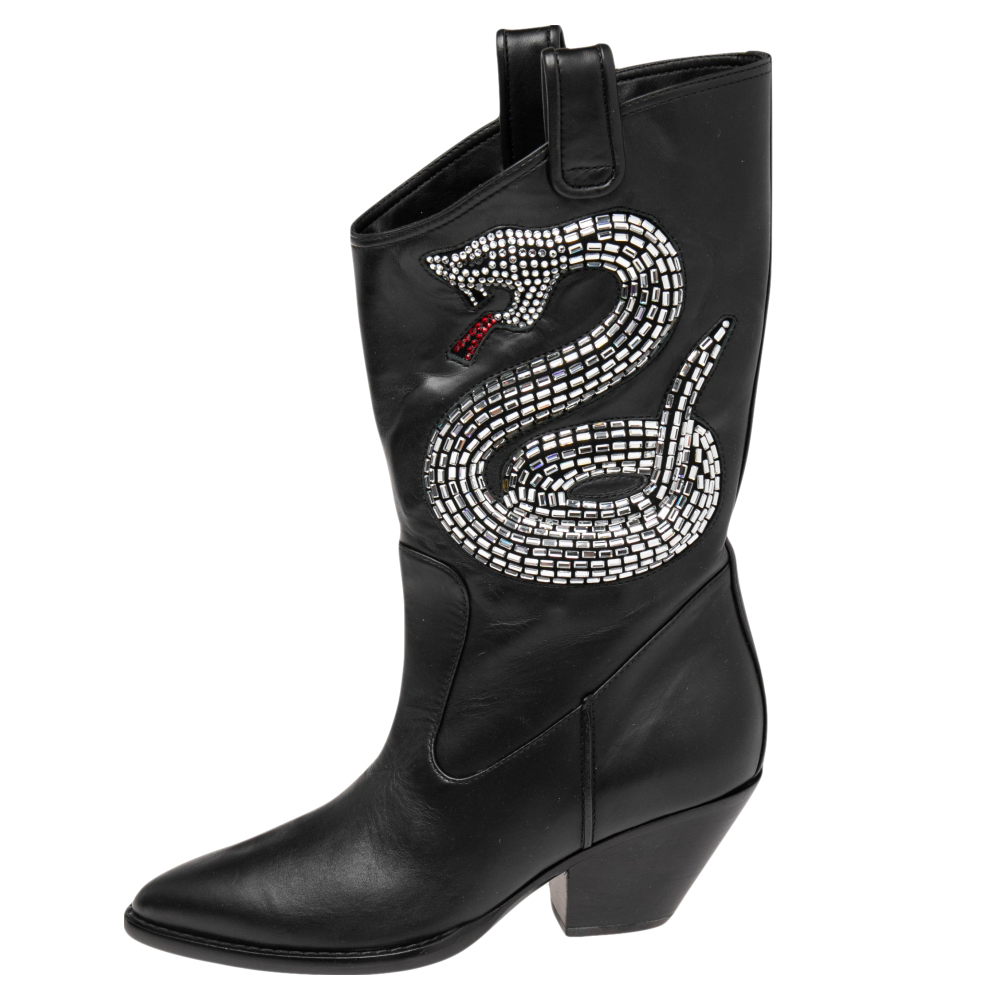 

Giuseppe Zanotti Black Leather Snake Embellished Guns 55 Cowboy Boots Size