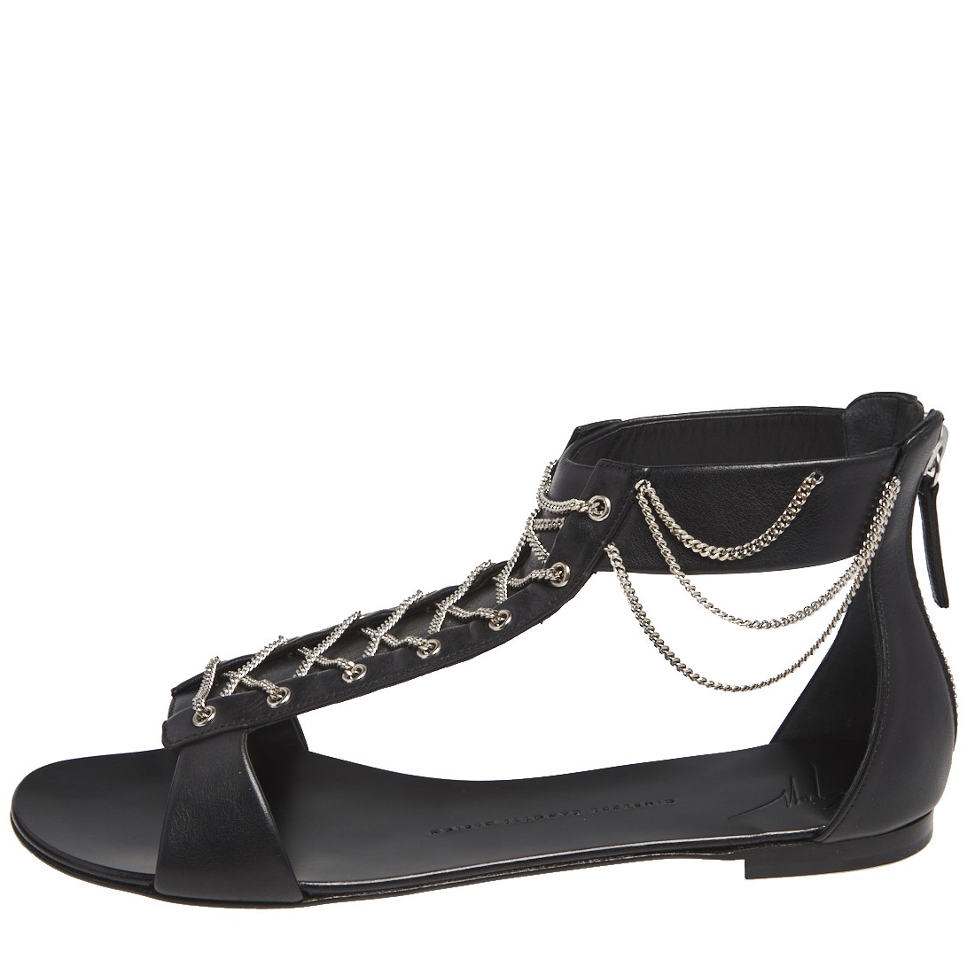 

Giuseppe Zanotti Black Leather Roll Chain Detail Flat Sandals Size