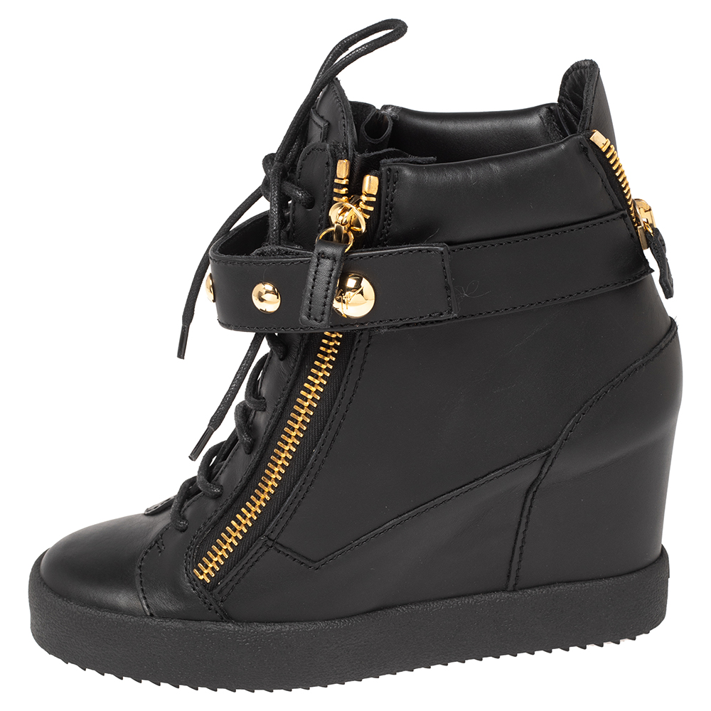 

Giuseppe Zanotti Black Leather High Top Wedge Sneakers Size