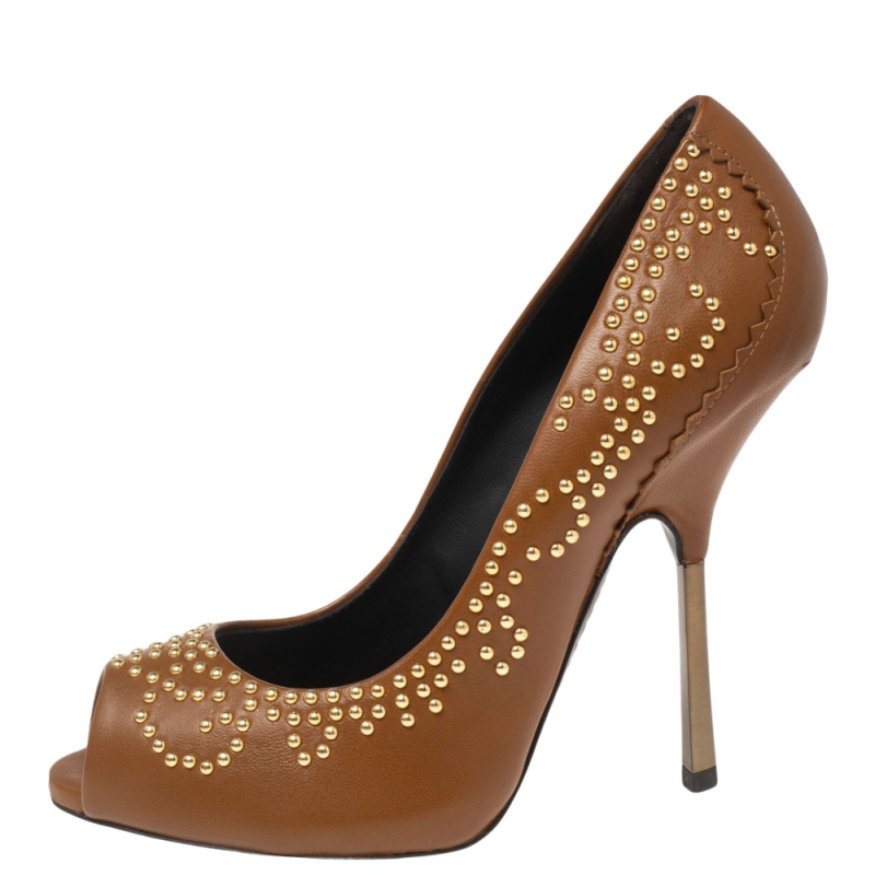 

Giuseppe Zanotti Brown Studded Leather Peep-Toe Pumps Size