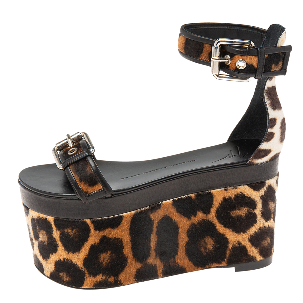 

Giuseppe Zanotti Black Leather and Leopard Calf Hair Ankle-Strap Platform Sandals Size