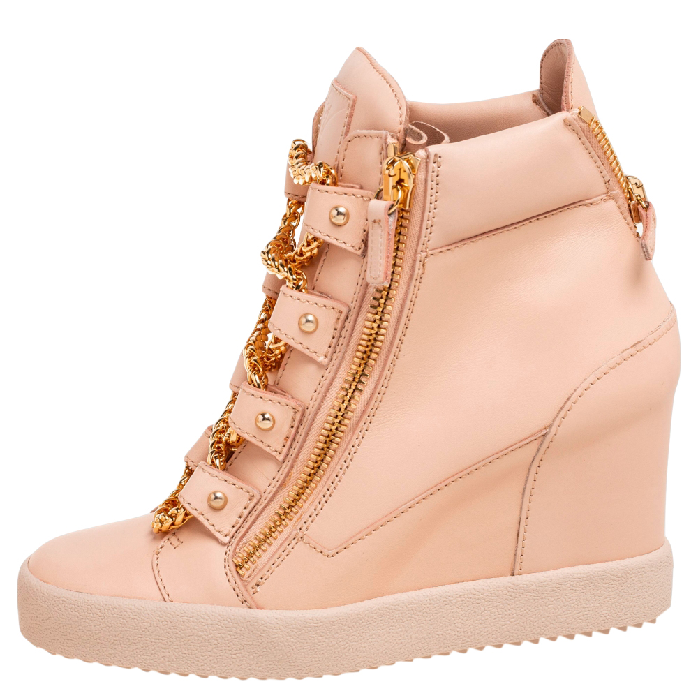 

Giuseppe Zanotti Beige Leather Chain Detail High-Top Wedge Sneakers Size