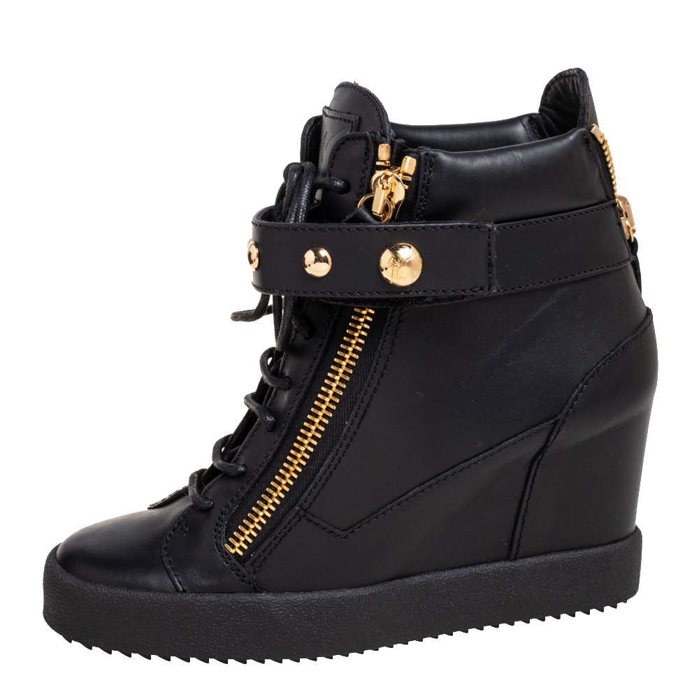 

Giuseppe Zanotti Black Leather Lorenz Studded Wedge Sneakers Size