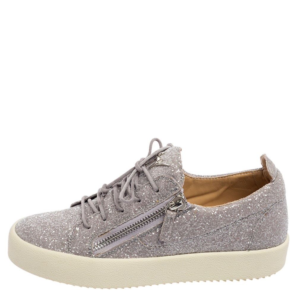 

Giuseppe Zanotti Grey Glitter Double Zip Low Top Sneakers Size