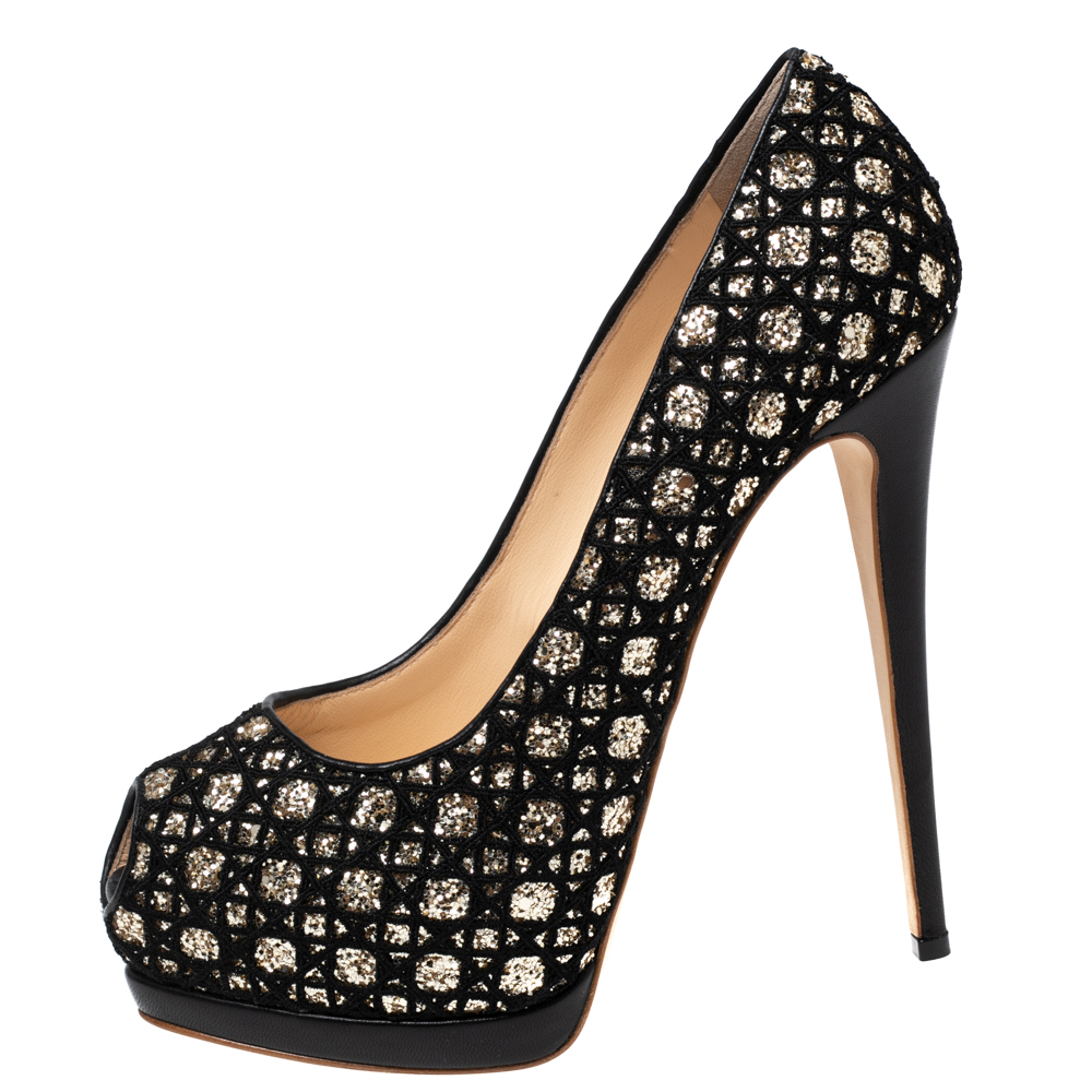 

Giuseppe Zanotti Black Glitter And Lace Liza Peep Toe Platform Pumps Size