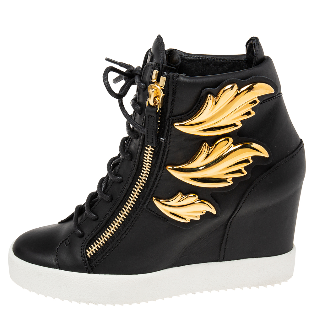 

Giuseppe Zanotti Black Leather High Top Wedge Sneakers Size