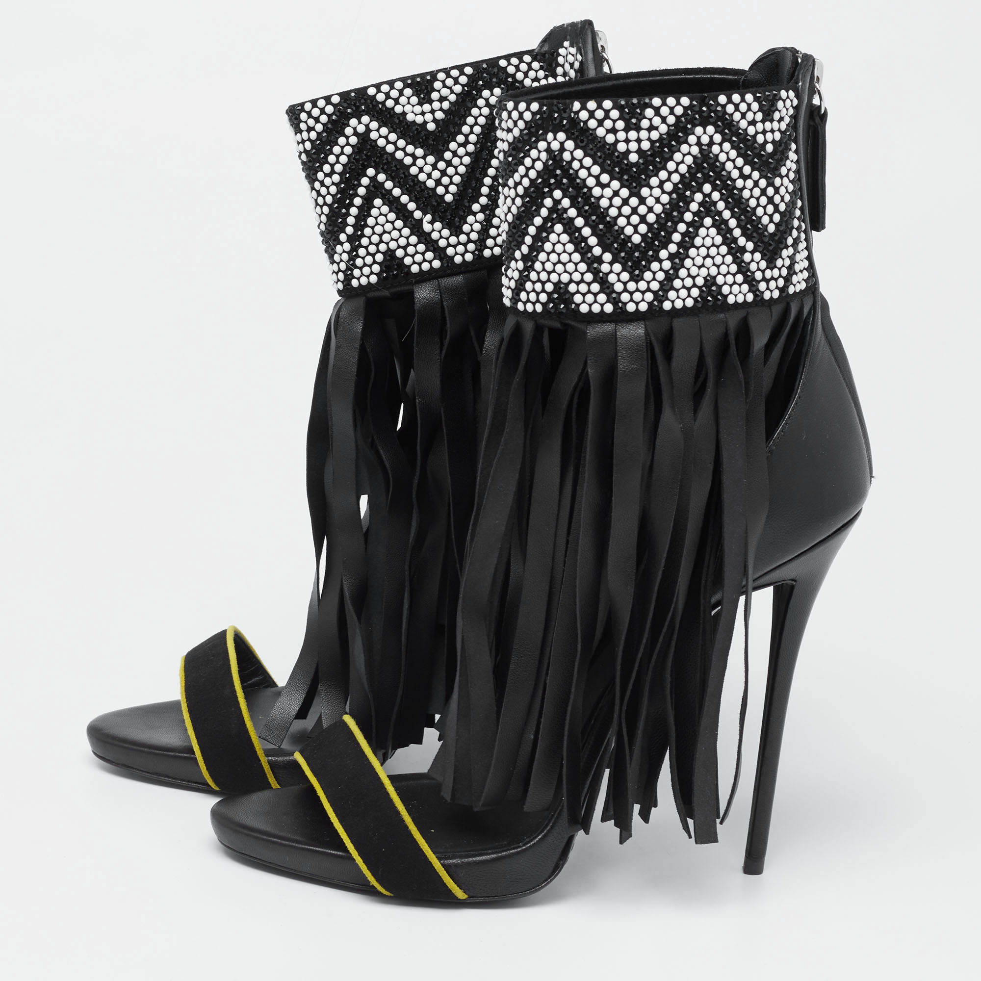 

Giuseppe Zanotti Black Leather And Suede Crystal Embellished Fringe Open Toe Sandals Size