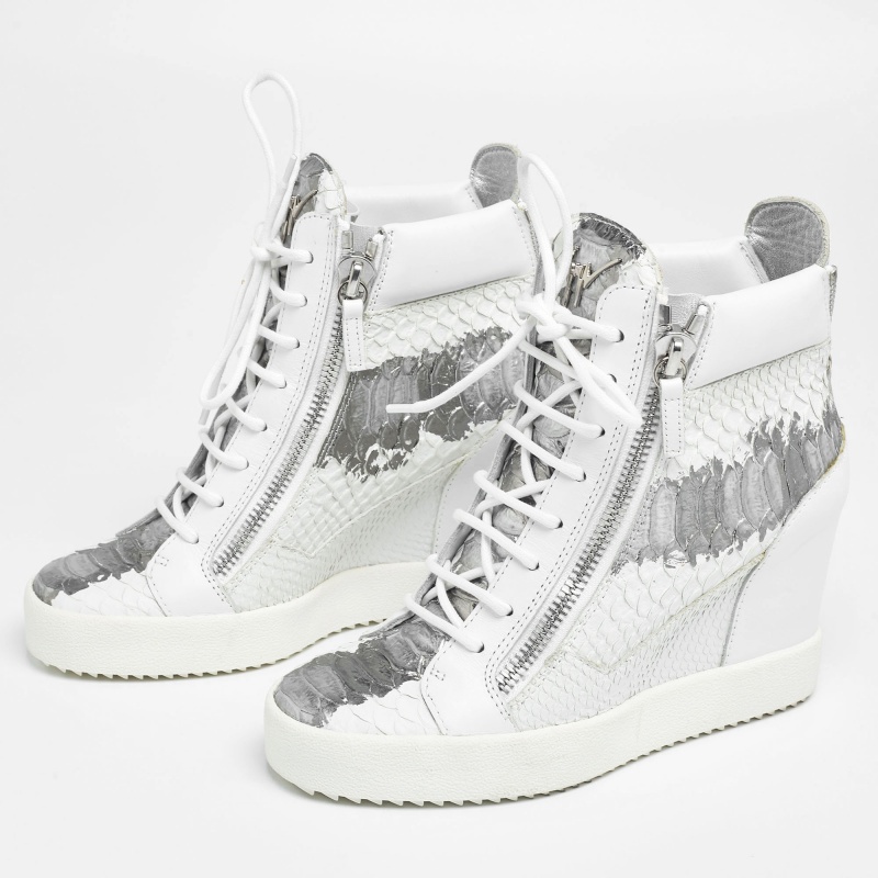 

Giuseppe Zanotti White/Silver Python Embossed Leather Wedge Sneakers Size