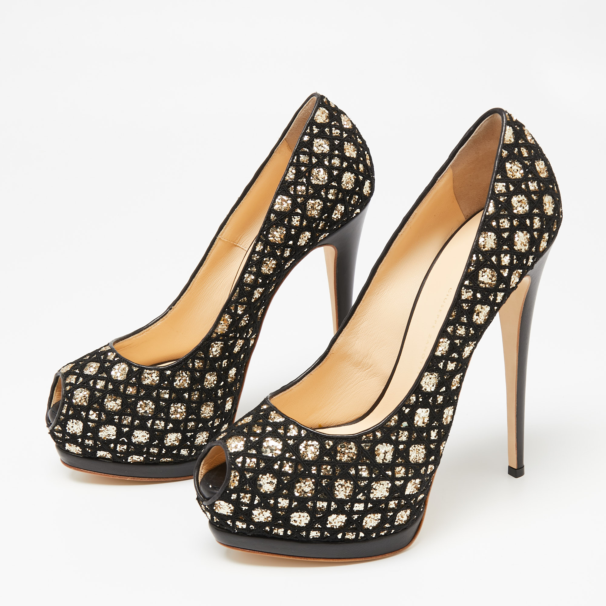 

Giuseppe Zanotti Black/Gold Fabric and Glitter Sharon Peep Toe Pumps Size