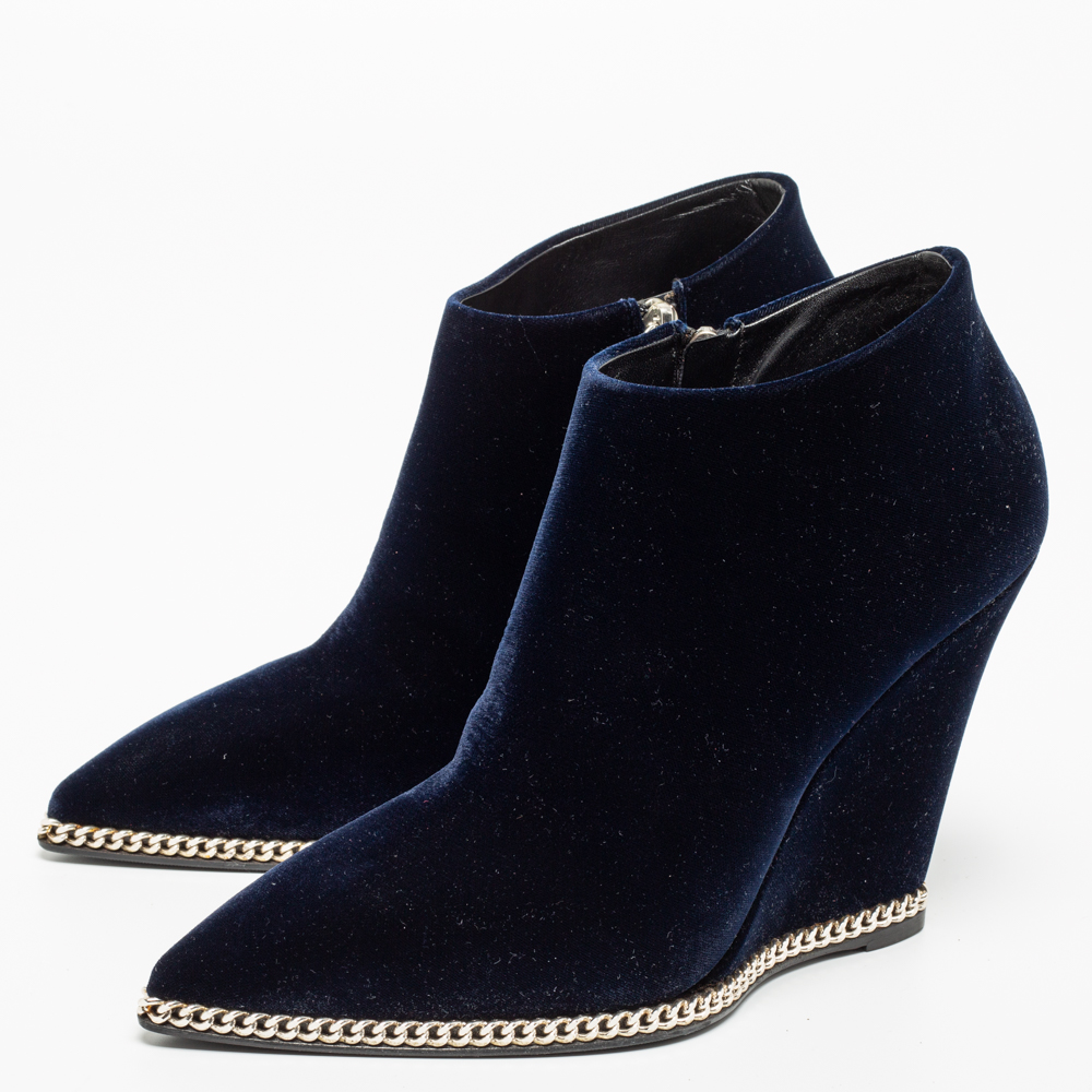 

Giuseppe Zanotti Navy Blue Velvet Embellished Wedge Ankle Boots Size