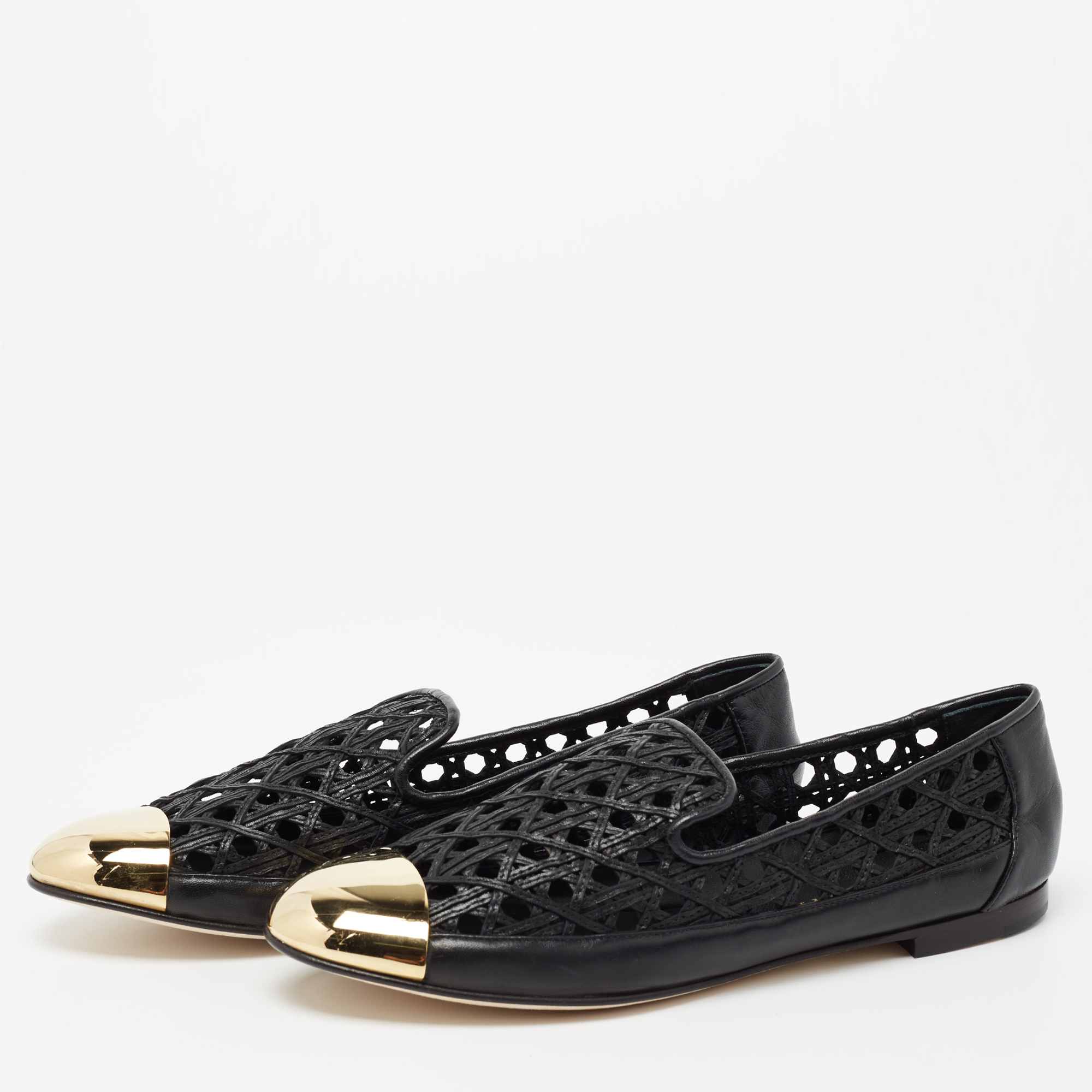 

Giuseppe Zanotti Black/Gold Perforated Leather Metal Toe Smoking Slippers Size