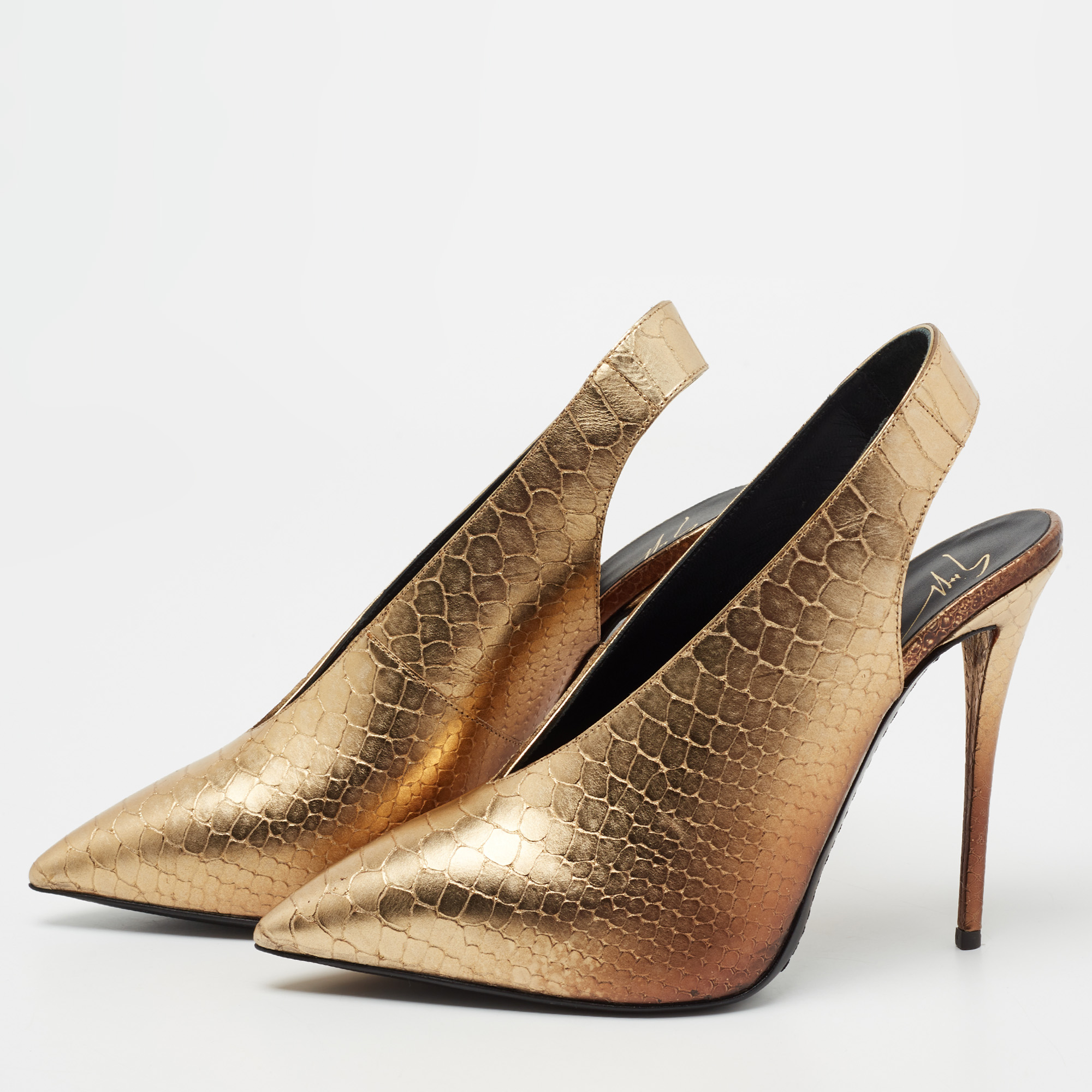 

Giuseppe Zanotti Metallic Golden Python Embossed Leather Slingback Pumps Size, Gold