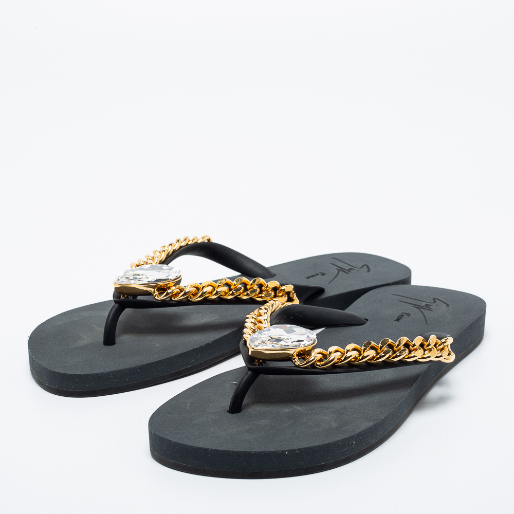 

Giuseppe Zanotti Black Rubber Crystal Embellished Sunset Chain Detail Flip Flops Size