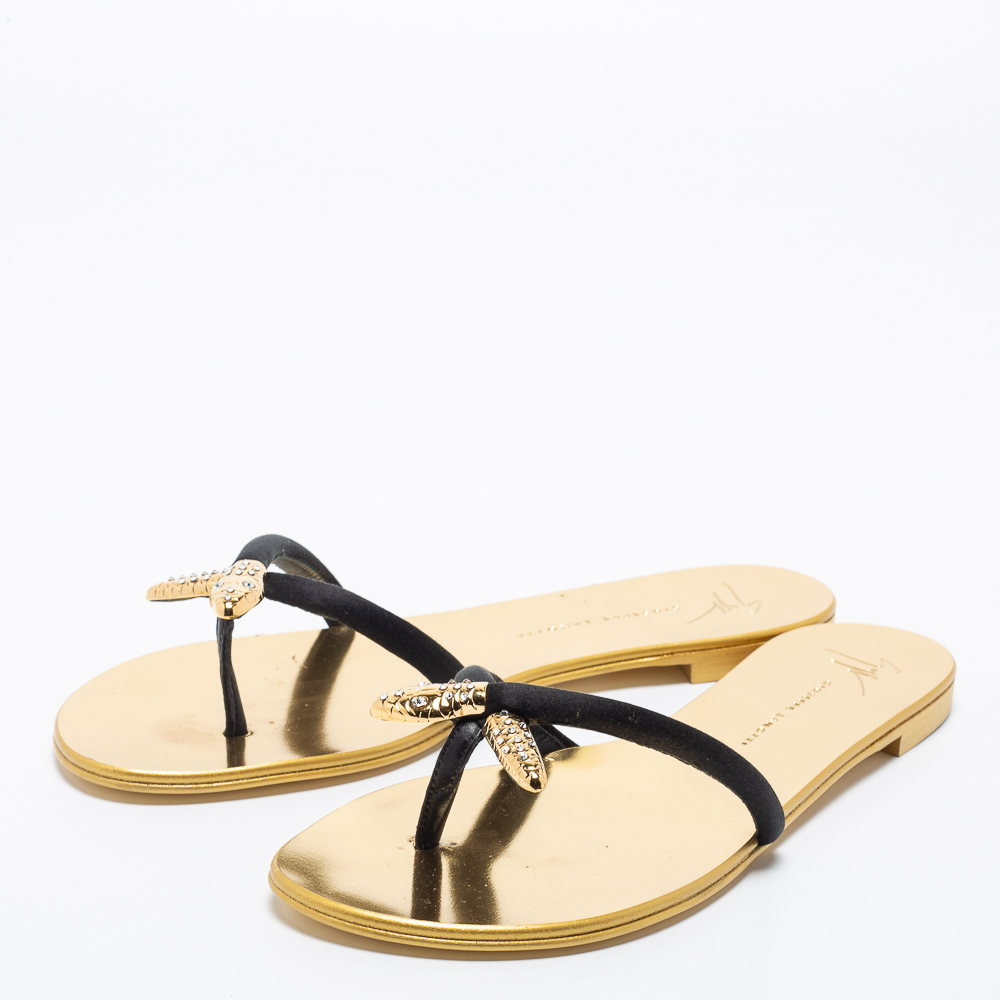 

Giuseppe Zanotti Black Suede Jewel Embellished Thong Flat Sandals Size, Gold