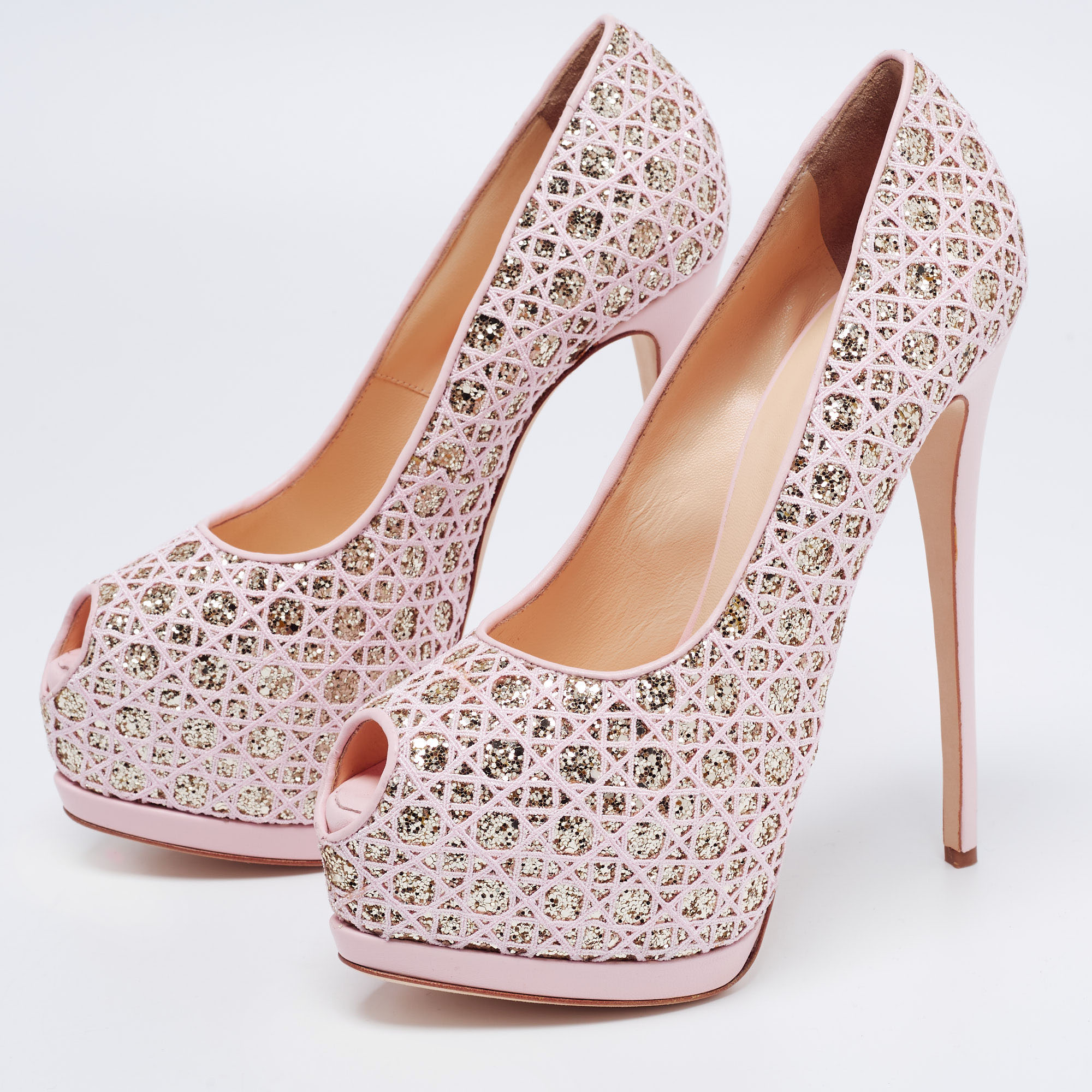 

Giuseppe Zanotti Pink Sharon Glitter And Lace Liza Peep Toe Platform Pumps Size