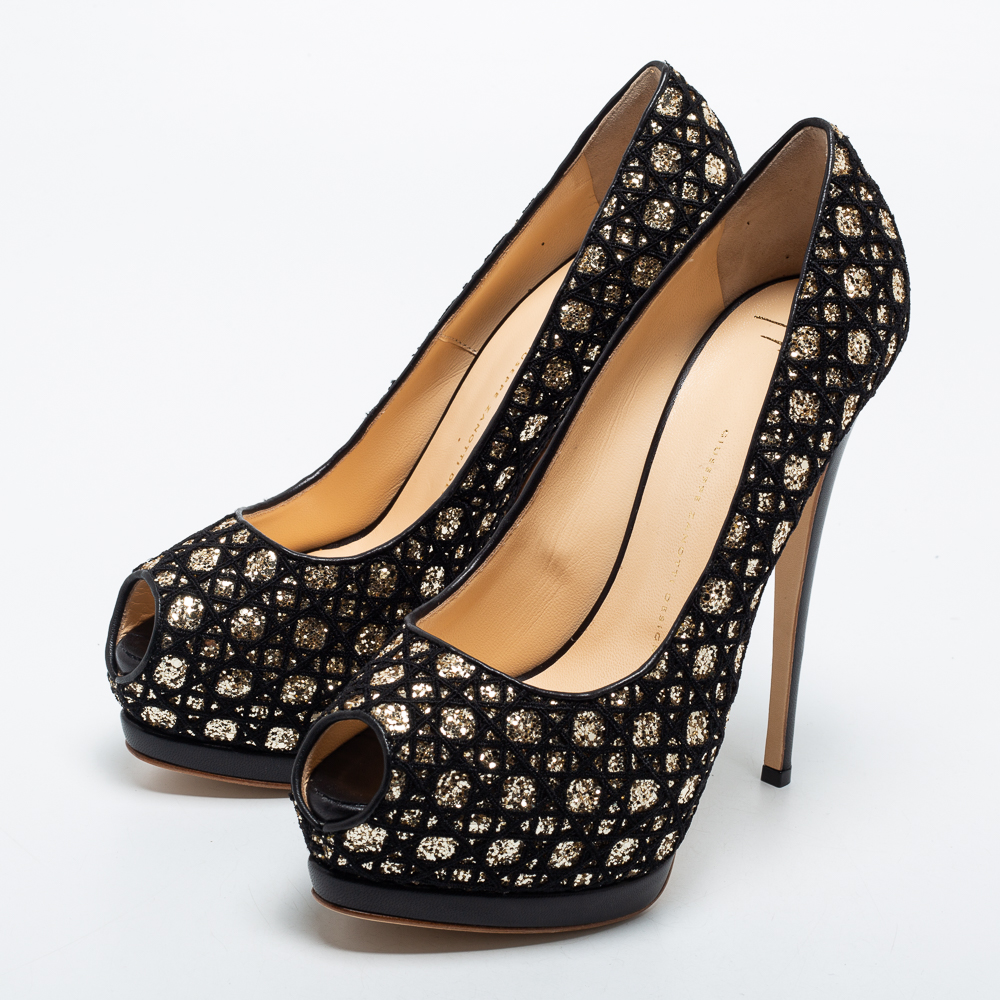 

Giuseppe Zanotti Black Sharon Glitter And Lace Liza Peep Toe Platform Pumps Size